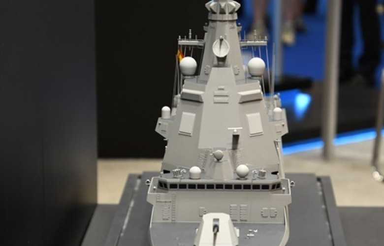 260109 F110 class frigate scale model front view in Lockheed Martin booth of JA2024 at Tokyo Big Sight October 19 2024
